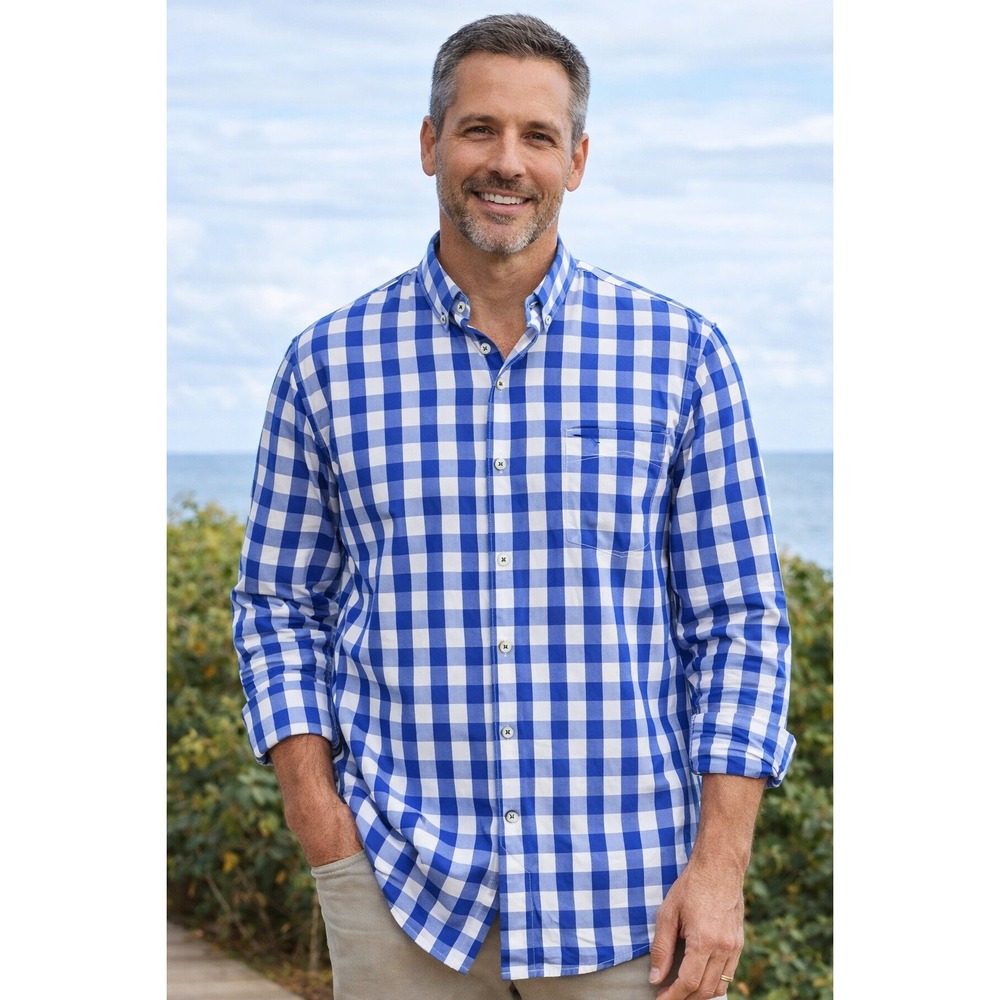 Tommy Bahama Plaid Button Up Shirt Mens L Blue White Coastal Casual Preppy